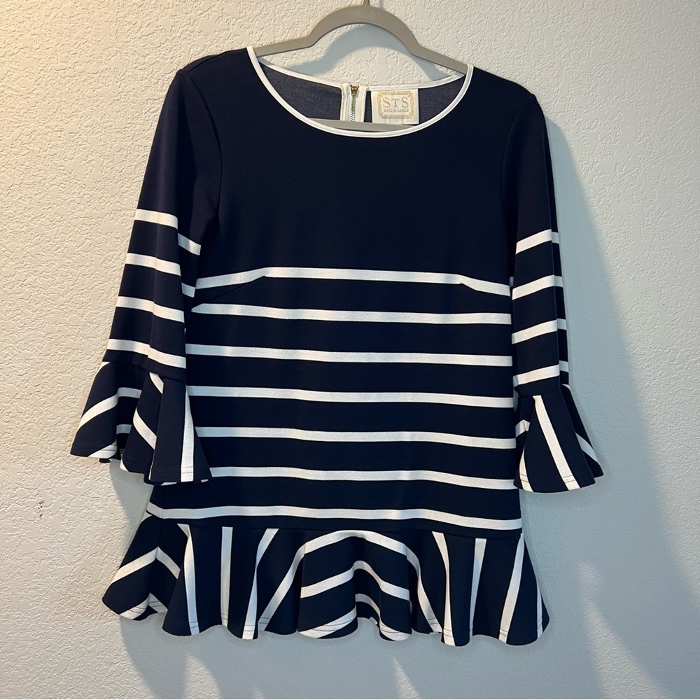 Women’s Sail to Sable blue striped quarter sleeve peplum style blouse size S